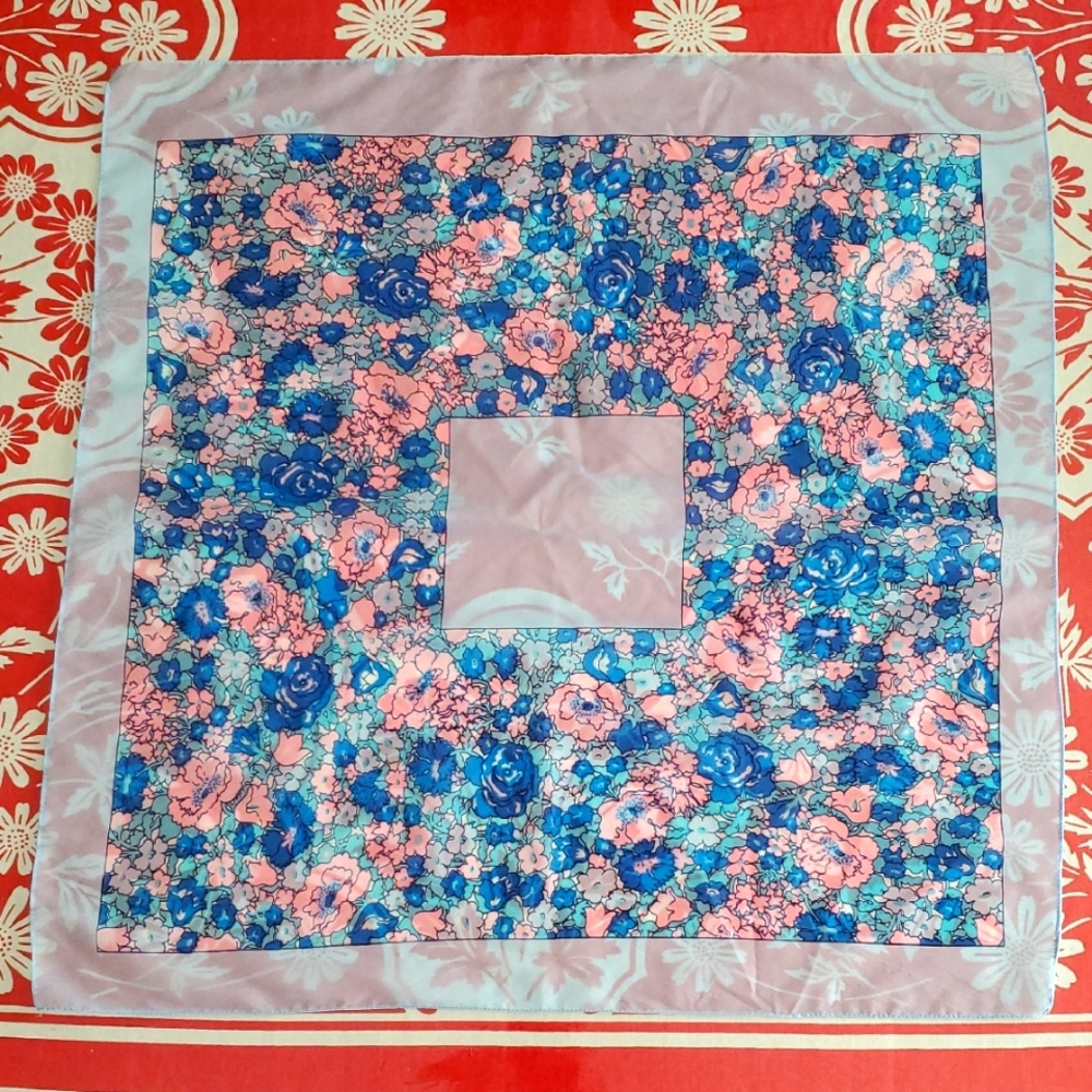 Vintage Floral Square Scarf in Blue and Pink